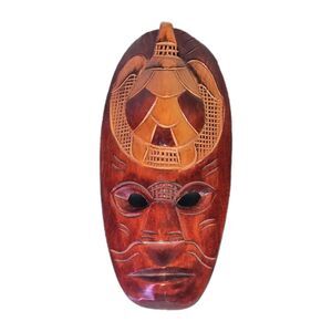 Hand Carved Fiji Wooden Mask w/ Turtle Design Wall Art Tribal Decor 17" Treated